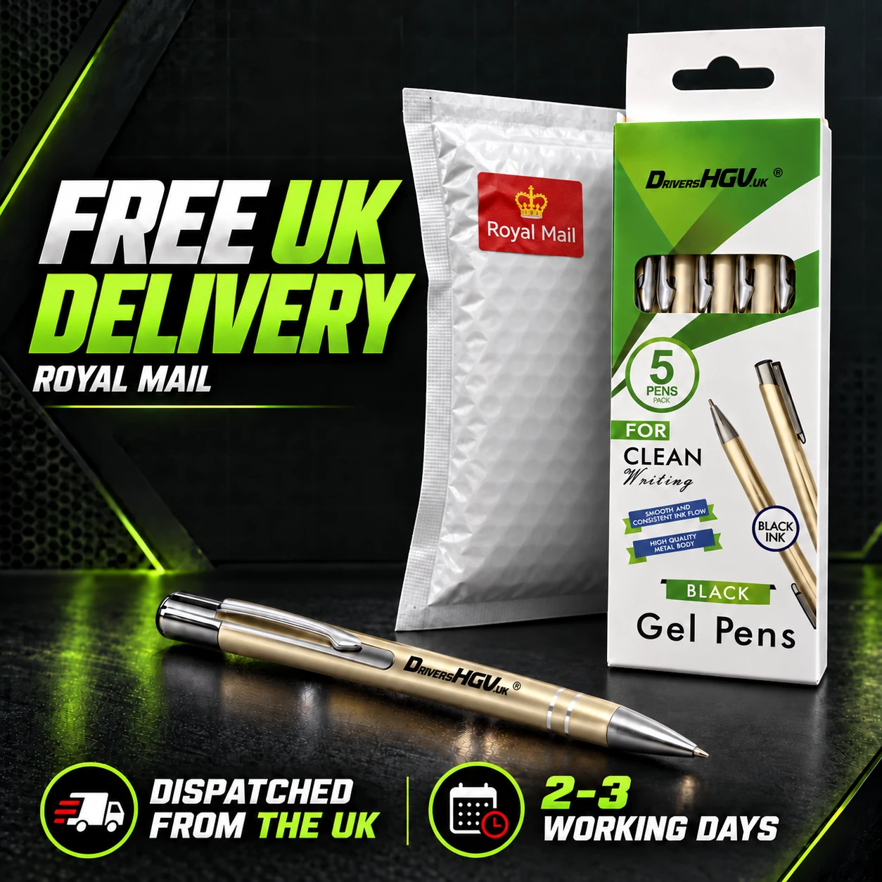 DriversHGV.uk five-pack of gold gel pens with free UK delivery by Royal Mail Second Class